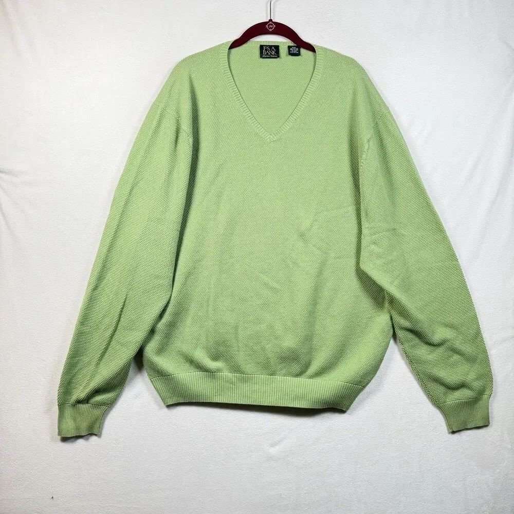 Jos A Bank Signature Collection Sweater XXL Green Textured Cotton V Neck
